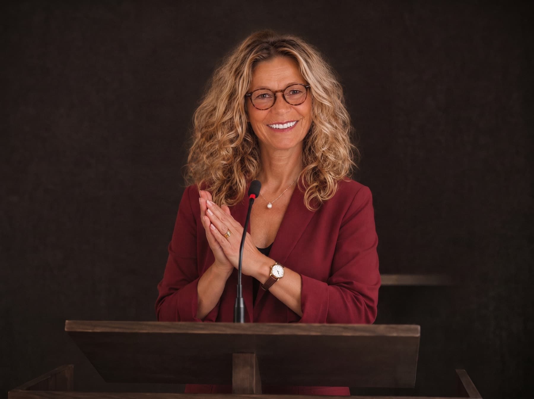 Tanja Langenfeld als Keynote-Speakerin am Rednerpult, warm ausgeleuchtet vor dunklem Bühnenhintergrund