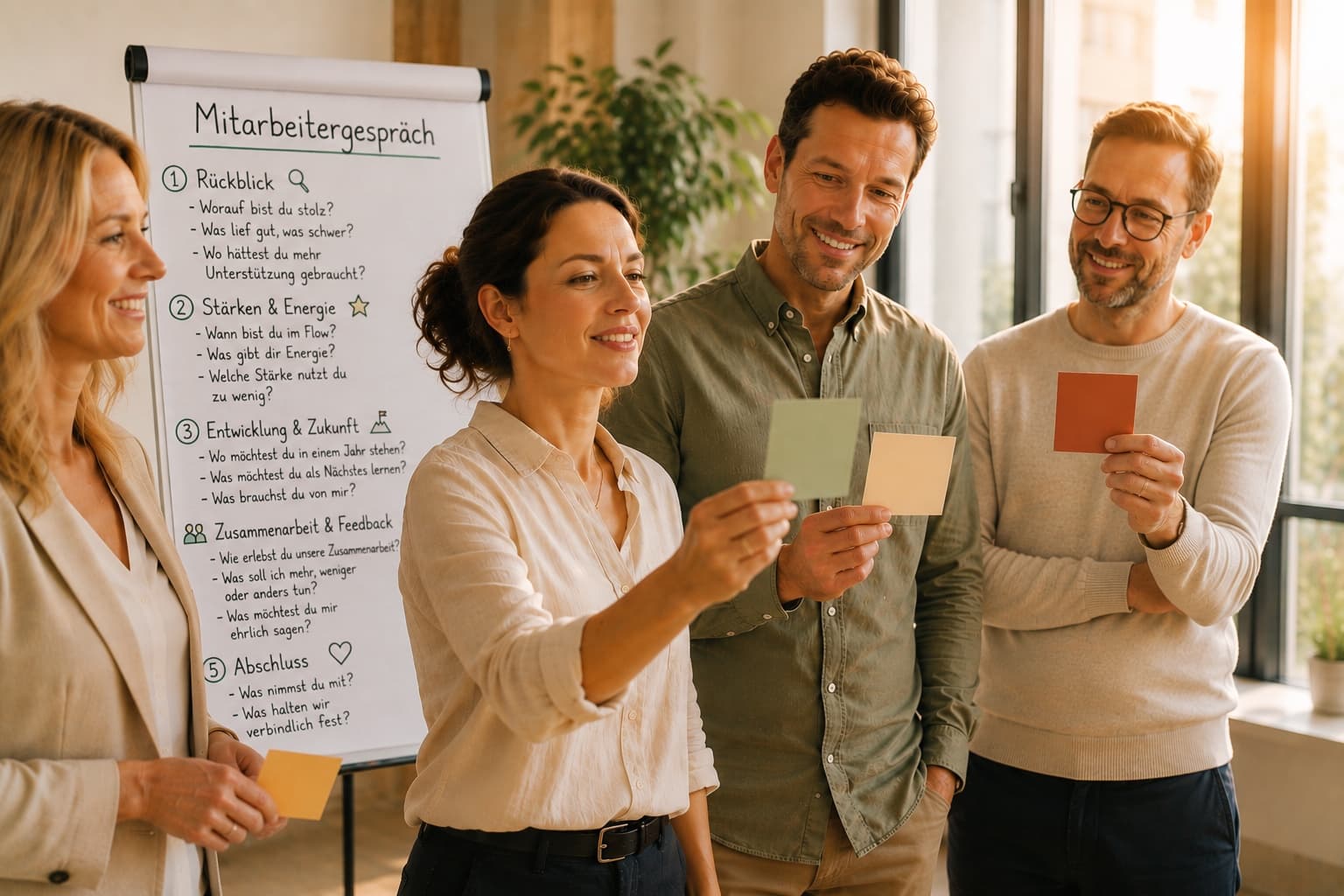 Team im Workshop mit Moderationskarten vor einem Flipchart mit strukturierter Gesprächsagenda